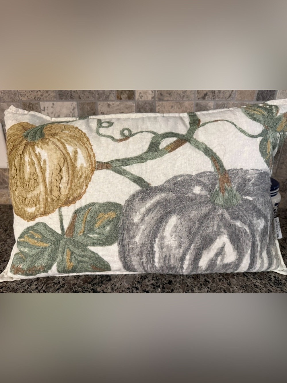 Embroidered Harvest Pumpkin Pillow Cover in Cream, Gray & Green